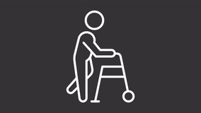 Animated walker white icon. Elderly assistance equipment line animation. Mobility aid for people with disability. Black illustration on white background. HD video with alpha channel. Motion graphic