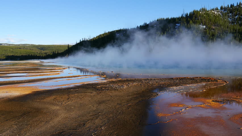 View of the Grand Prismatic Spring in Yellowstone National Park. USA. 4K 