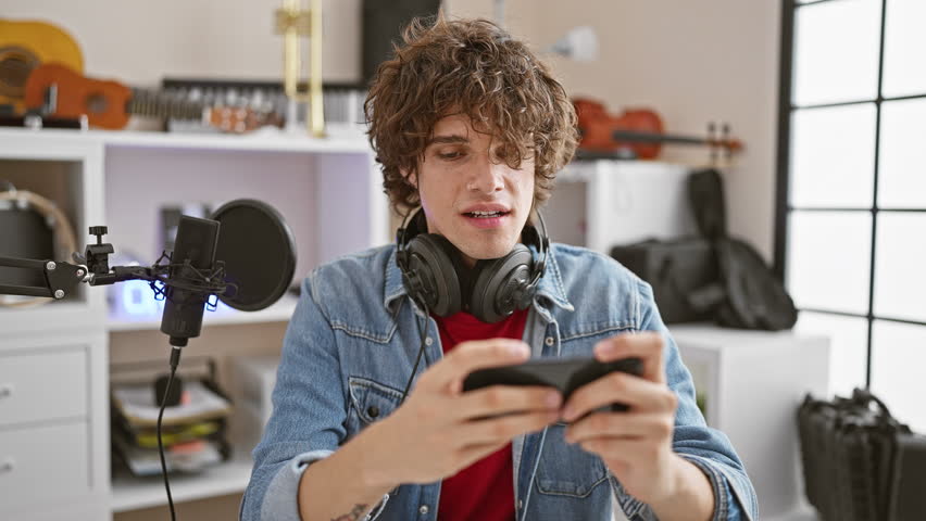 A young hispanic man with curly hair plays on his smartphone in a music studio, expressing various emotions.