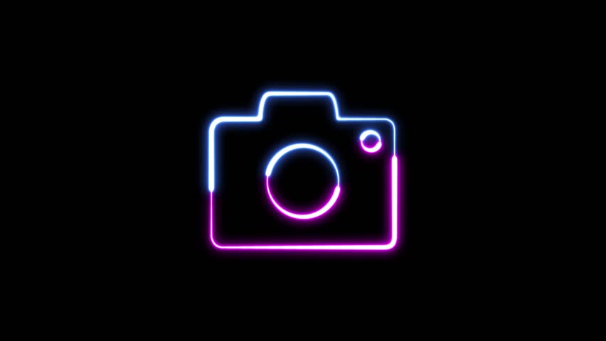 Abstract rendering glowing neon symbol of photo camera animation. Neon camera icon multicolor glowing animation