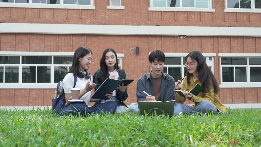 Diverse group of young adults from Asia and beyond, enjoying university life together. happy, learning, and making lifelong friendships, whether in outside class, sunny summer days or cozy weekends