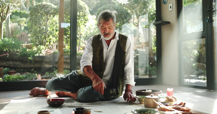 Person, herbal medicine and shaman for natural healing with spiritual alter for ritual with magic, herbs and apocathery. Male naturopath or holistic or traditional healer for sacred cleansing of mind