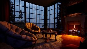 A cosy atmosphere near a burning fireplace on a rainy, cloudy day when it’s raining outside the window. 3D animation. - Powered by Shutterstock - Get 15% off with code: PIKWIZARD15
