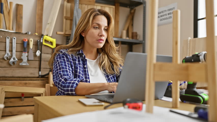 Shocked and afraid, young and beautiful latin woman sits on carpentry table, astonished expression etched on her face amidst the workshop