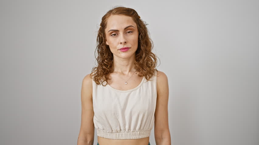 Perfectly earnest, young woman delivers a serious, natural look. her trust in the camera and solitary stance against isolated white evokes a poignant feel.