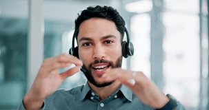 Man, face and headphones with mic for video call, seminar or conference with virtual meeting and hand gesture. Discussion, communication and portrait for corporate training online, elearning and tech