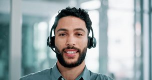 Man, face and headphones with microphone for video call, seminar or conference with virtual meeting and discussion. Chat, communication and portrait for corporate training online, elearning and tech