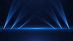 A spotlight illuminates the background of the stage. Spotlight with flying particles. Blue rays. Empty stage with light for product. Animation for the award ceremony. 4K video
