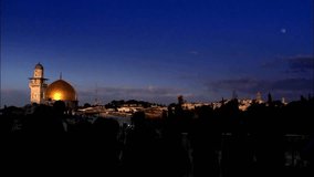 night view landmark in Jerusalem and sacred place for all muslims. War concept video. Aerial view, Side aerial drone view of the Dome of the Rock in