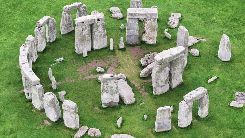 Stonehenge, England UK. Aerial View of UNESCO World Heritage Site, Drone Shot 60fps
