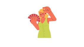 Avoid direct sun cartoon animation. Heat stroke danger 4K video motion graphic. Tired woman with hand fan covering from sunlight 2D color animated character isolated on white background