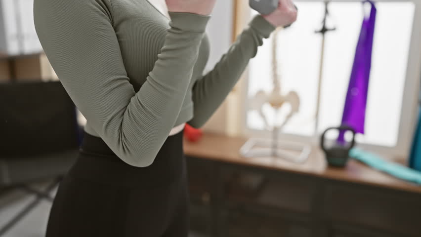 A young woman exercises with dumbbells indoors, showcasing health and fitness in a workout environment.