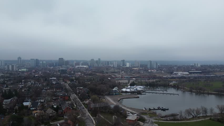 Drone video over looking Bayfront park and downtown Hamilton Ontario