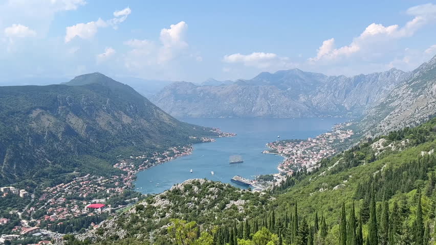 Panoramic view from above of the Bay of Kotor and the old town of Kotor in Montenegro.