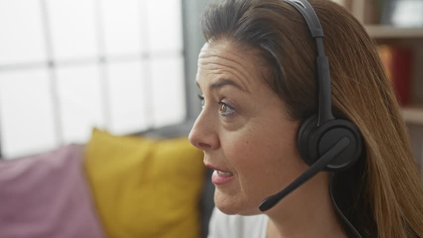 A middle-aged hispanic woman wearing a headset converses while at home, symbolizing remote work or telecommunication. Royalty-Free Stock Footage #3474129939