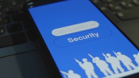 Geopolitical Security inscription on smartphone screen with blue background, words in frames. Graphic presentation with silhouettes of soldiers with military equipment. Military concept - Powered by Shutterstock - Get 15% off with code: PIKWIZARD15