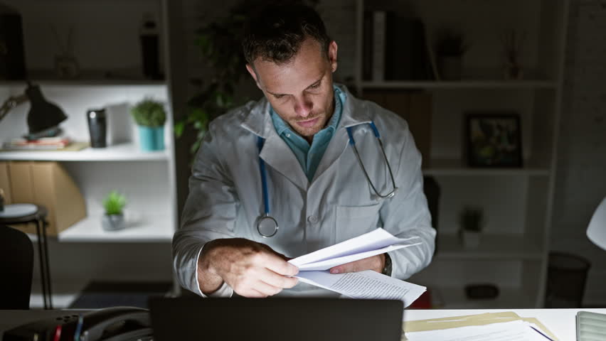Stressed hispanic male doctor in white coat with stethoscope overwhelmed by paperwork in a clinic office at night. Royalty-Free Stock Footage #3474157807