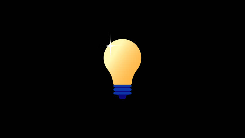 Light bulb idea animation - Flat design vector lightbulb popping up, bouncing and turning on with glowing yellow light. Creativity design element animated on transparent alpha channel background