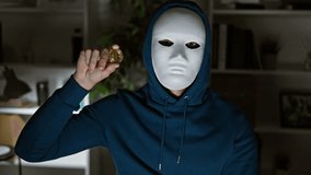 An incognito man with a featureless mask holds a bitcoin token in a modern office, symbolizing cryptocurrency anonymity. - Powered by Shutterstock - Get 15% off with code: PIKWIZARD15