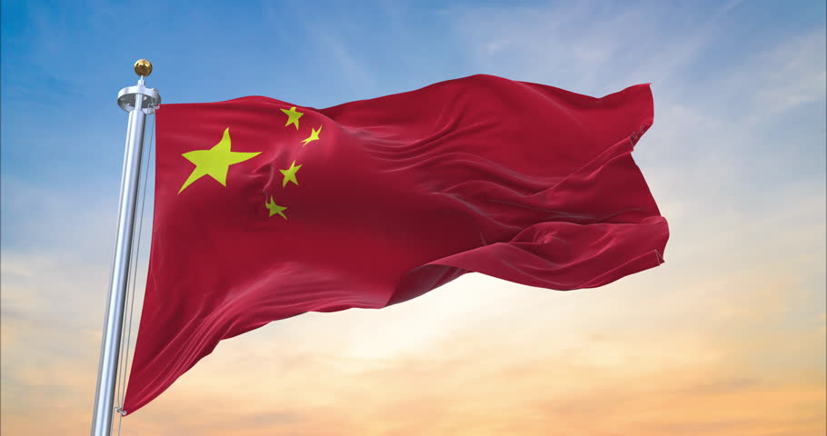 Flag of China realistic waving in the wind with sundown background (Perfect Loop)