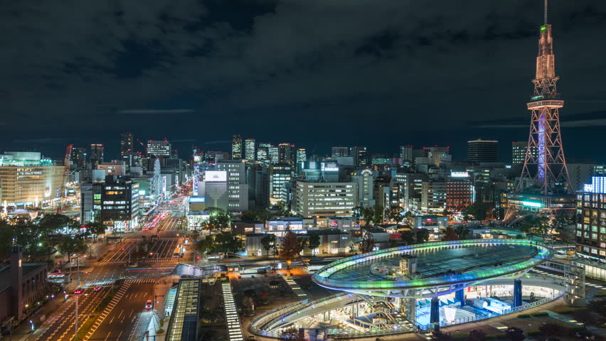 Timelapse view of Nagoya cityscape showing the modern Sakae district at night in Downtown Nagoya, Aichi Prefecture, Japan, zooming out. 