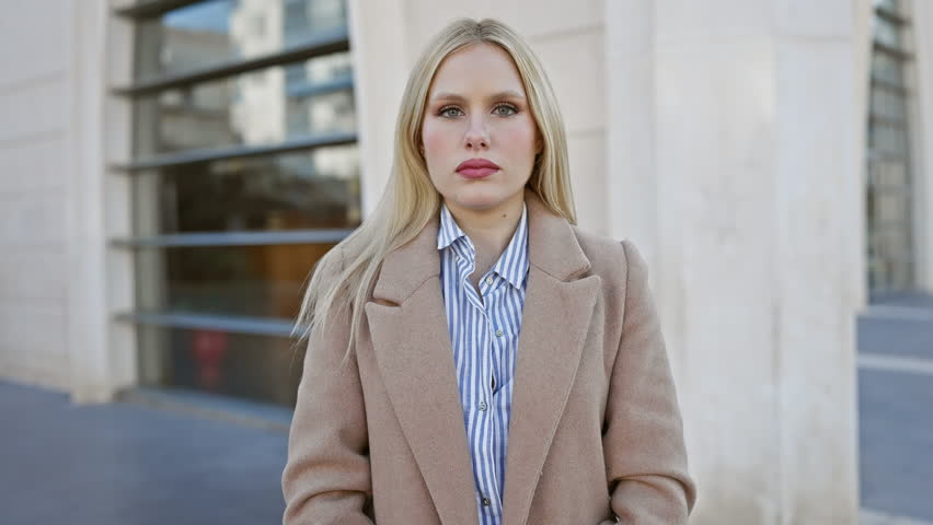 A confident young woman with blonde hair posing in a beige coat on a city street, expressing a 