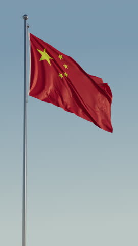 China PRC Beijing Flag vertical Cinematic Loop Realistic Motion Blue Sky