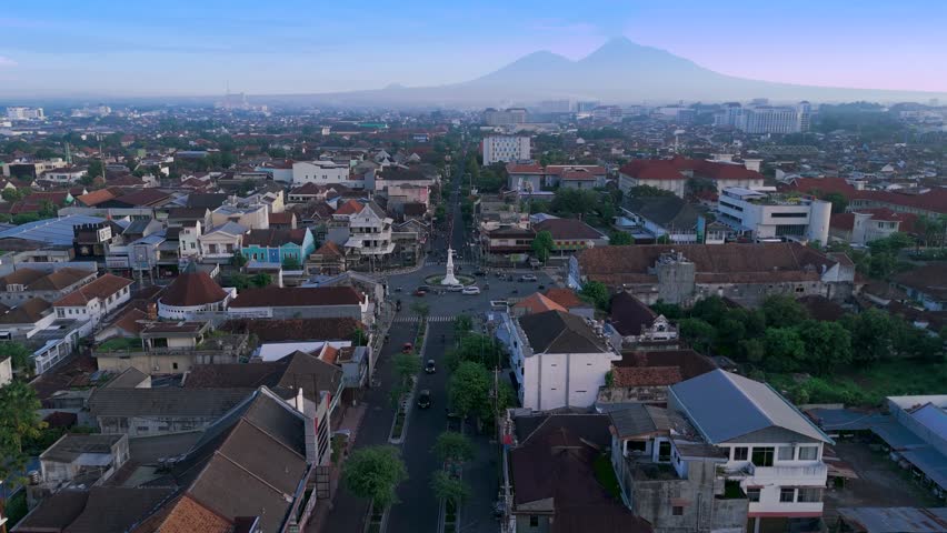 aerial view of Tugu Yogyakarta, Tugu Yogyakarta is an important historical pillar landmark in the city of Yogyakarta, Indonesia