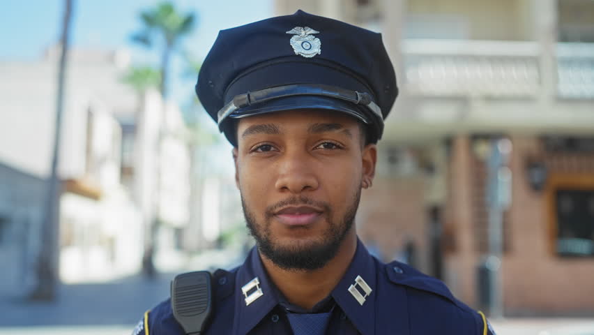 A confident african american police officer saluting outdoors in an urban setting.