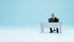 3D animation of a businessman sitting at a desk in an office, listening attentively. Ideal for business presentations and corporate projects