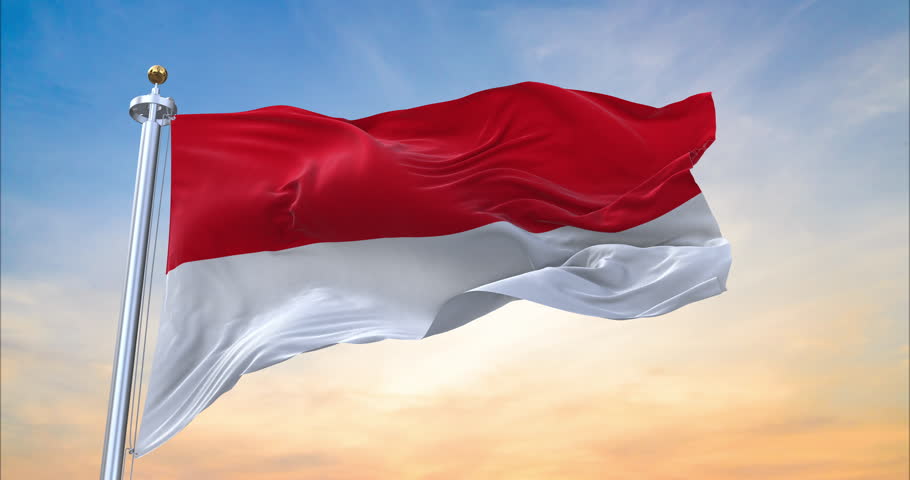 Flag of Indonesia realistic waving in the wind with sundown background (Perfect Loop)