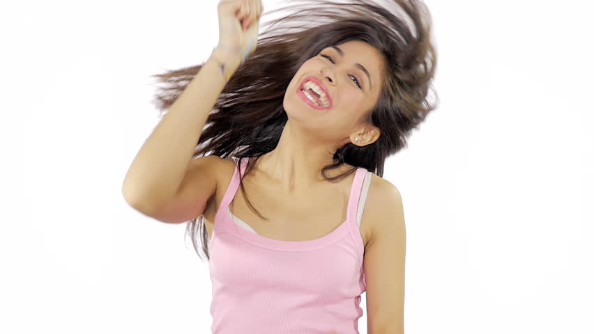 Happy latino woman full of energy jumping succesful thumb up