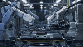 Front view of Automated Manufacturing Line with White Robotic Arms. Lithium-Ion EV Battery Pack for Automotive Industry Assembly Process. Electric Car Smart Factory. Production Line with Robot Arms - Powered by Shutterstock - Get 15% off with code: PIKWIZARD15
