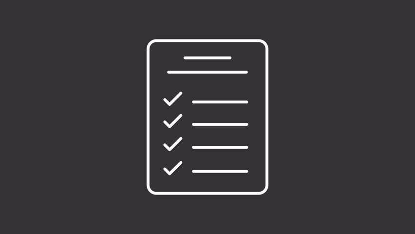 Todo list white line animation. Organizer animated icon. Complete mark checking. Task accomplishment manage. Isolated illustration on dark background. Transition alpha video. Motion graphic