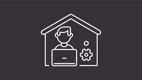 Remote work white line animation. Working from home animated icon. Gear rotating, head shaking. Online employment. Isolated illustration on dark background. Transition alpha video. Motion graphic
