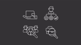 Candidate search animation library. Recruitment animated white line icons. Worker skills, performance indicators. Isolated illustrations on dark background. Transition alpha. HD video. Icon pack