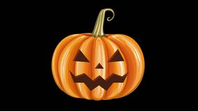4k Creepy Smiling Halloween Pumpkin Isolated on Black Background Animated laughing pumpkin character with creepy face expressions Happy Halloween Trick or Treat. Glowing Pumpkin Lantern Element.