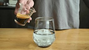 Video of the process of making black coffee Pour the coffee into a glass with ice.