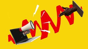 Creative animation. Contemporary stop motion. Male hands with megaphone sticking out of laptop screen on yellow background. Concept of online communication, information transmission, file sharing