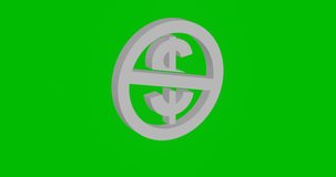 Animation of rotation of a white no dollar symbol with shadow. Simple and complex rotation. Seamless looped 4k animation on green chroma key background