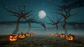 Halloween concept walking by evil pumpkins , spooky trees, and cemetery in background at scary night as 3D render. Holiday event Halloween concept. - Powered by Shutterstock - Get 15% off with code: PIKWIZARD15