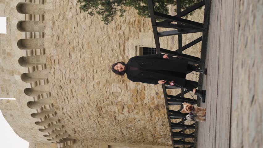 A beautiful Asian young woman with a decorative dog in the Kalemegdan Park in the center Belgrade. Female pet owner walks with a Yorkshire terrier, together near the walls of the old castle