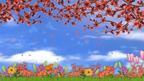 Beautiful spring flowers animation with blur sky background. Animated clip of nature landscape.