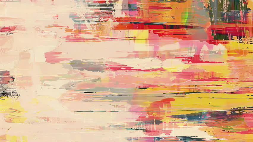 Bright pastel painted grunge background animated texture with dynamic multicolor streaks of red, yellow, pink and blue layered over distressed canvas and vintage wear patterns