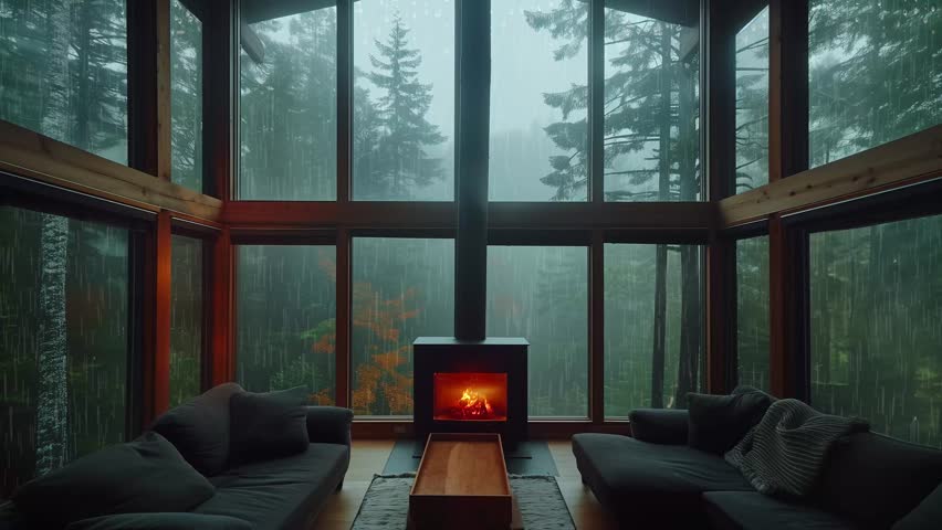 luxury cabin in the woods with fireplace, hard raining forest, cozy relaxing ambience