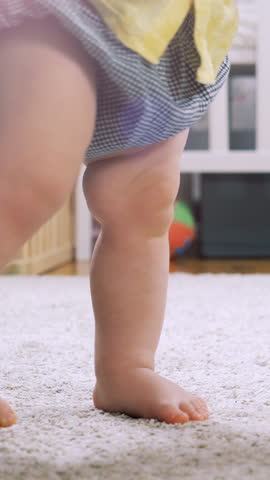 Baby learning to walk taking first steps at home. Little feet walking on floor at living room