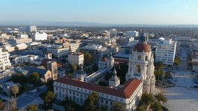 aerial footage of the office buildings, shops and apartments in the city skyline at city hall in Pasadena California USA