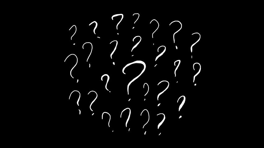 Black background question mark. A large number of stop motion question marks on a black background