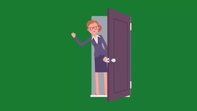 Animated 4K cartoon female character opening a door and waving hello against a vibrant green screen background