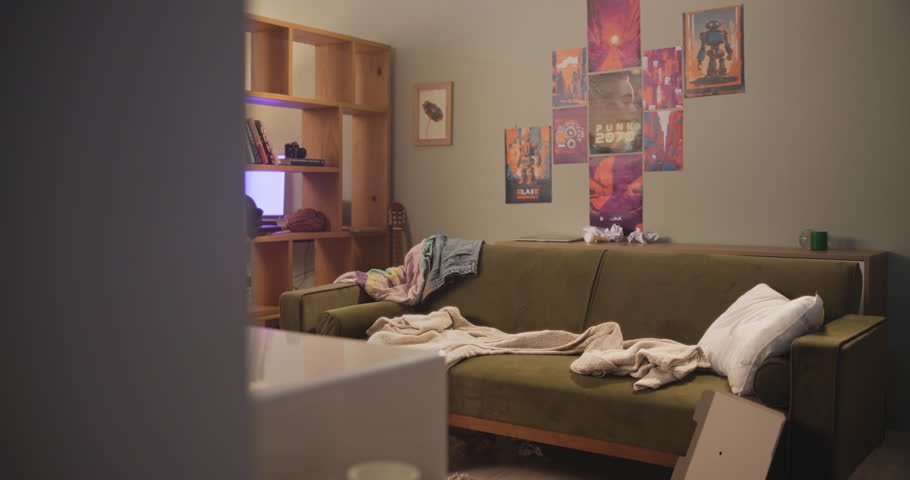 Home, garbage and messy living room with couch, chaos and fast food pizza, unhealthy and interior furniture with clothes. Apartment, trash and clutter on sofa or floor, dirty and disorganized